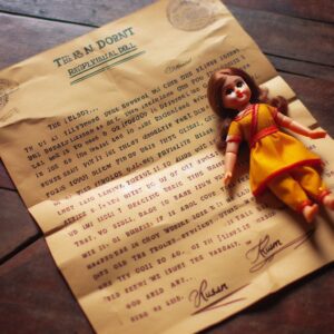 A handwritten letter on a wooden table, explaining the origin of the replica doll, sent by an old friend named Kusum.